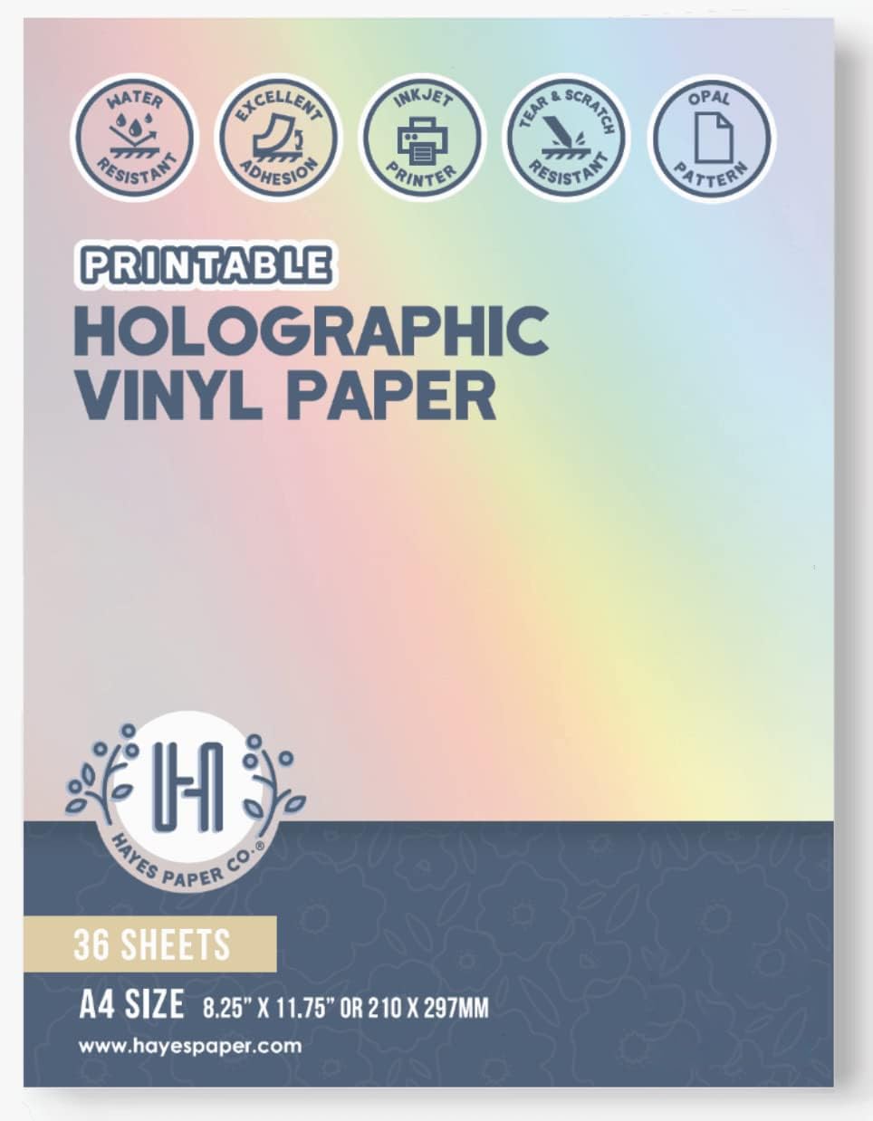 Hayes Paper Co. Vinyl Sticker Paper – 36-Pack A4 Printable Vinyl Sticker Paper – Holographic Vinyl Paper Compatible with Inkjet Printers – Tear and Scratch-Resistant – Opal Pattern