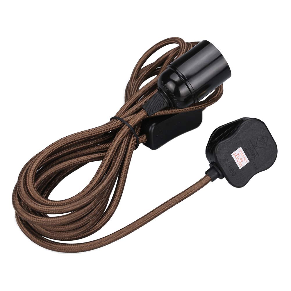 Wowsale Pendant Light Ceiling Lighting Fitting, E27 Lamp Holder Suspended Pendant Light Fitting Kit, 2 Core Gold Fabric Cable Plug with On/Off Switch- UK Plug (Coffee, 3m)