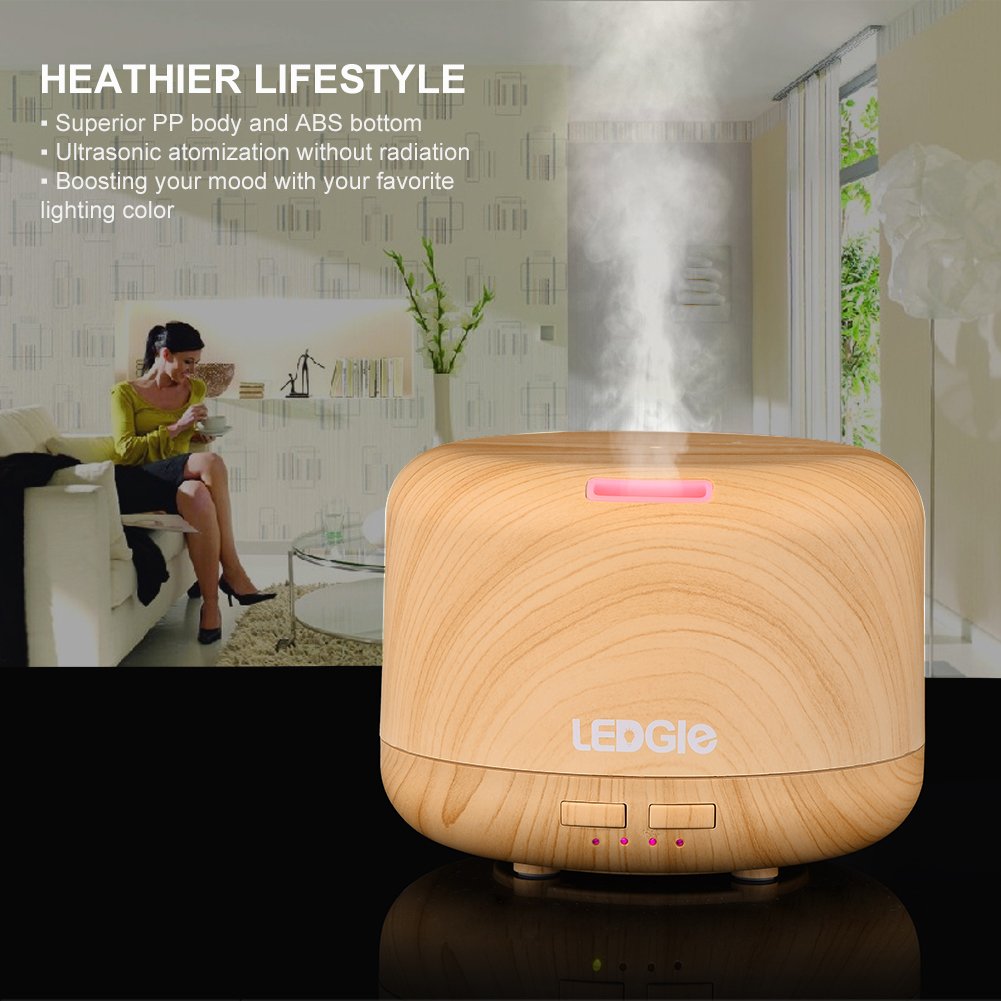 Ledgle Wood Grain Essential Oil Aroma Diffuser Whisper Quiet Cool Mist Air Purifier Ultrasonic Humidifier with 7 Color LED Lights Changing and 4 Timer Settings, Waterless Auto Shut-off - 400ml …