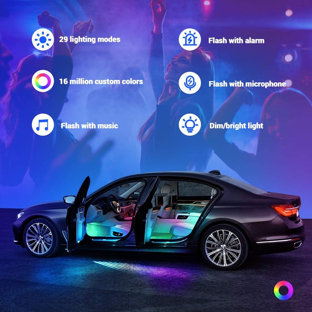 Tsumbay Interior Car Lights 4pcs 48 LED Car LED Strip Lights APP Controller IP67 Waterproof Lighting Kits with Sound Active Multi DIY Color Music with Car Charger, DC 12V - Decorations: Automotive