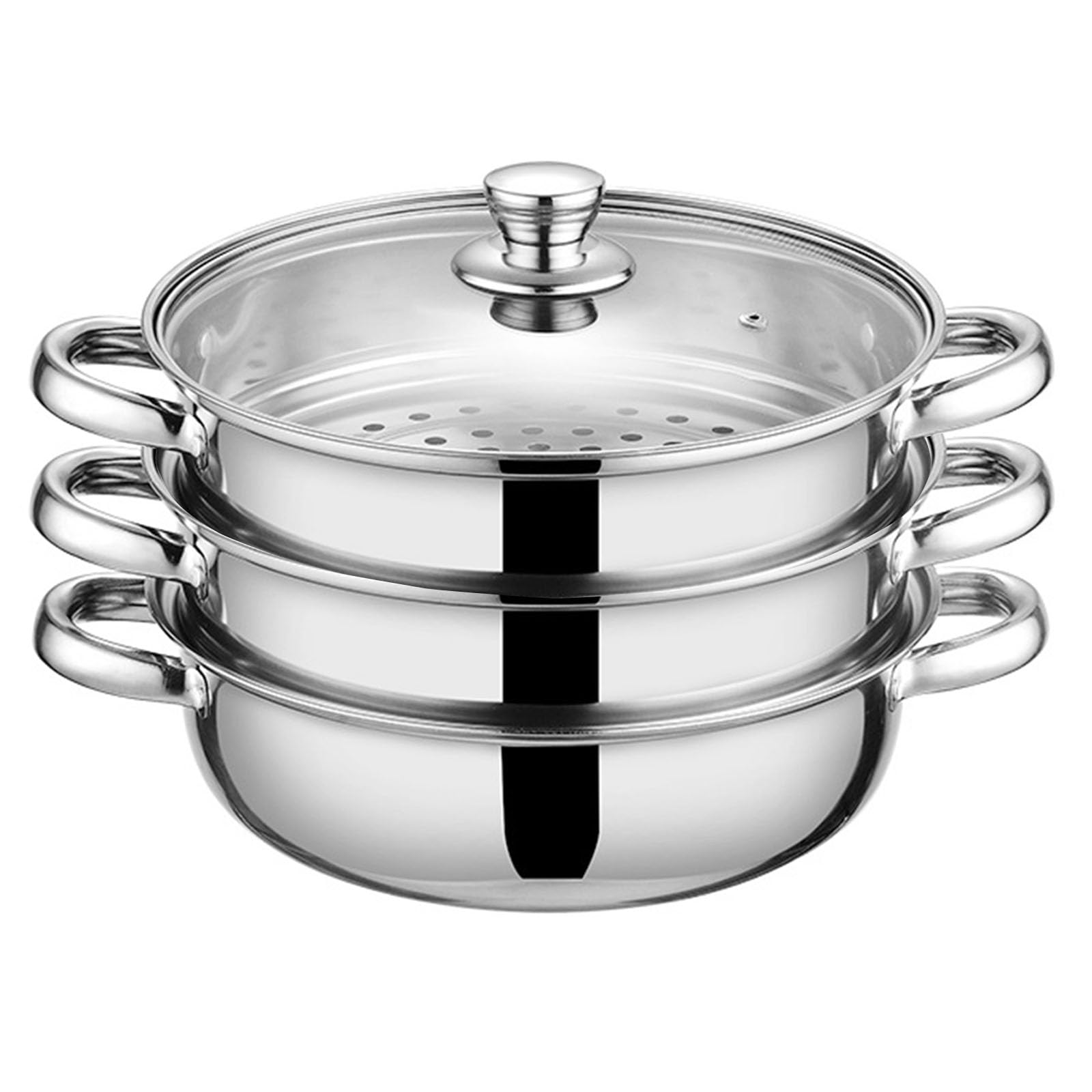 Photo 1 of Steamer Pot for Cooking 11-inch Steam Pots with Lid, Multipurpose Steam Pot Stainless Steel Steaming Pot Cookware with Handle for Vegetable, Stews, Pasta, Dumpling, Sauce, Food (3 Tier)
