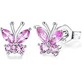 DAYBYDAY Butterfly Earrings 925 Sterling Silver Birthstone Earrings, Dainty Small Butterfly Stud Earrings for Women Birthstone Jewelry