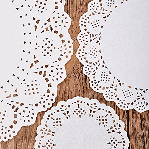 400-pack Round Lace Paper Doilies Decorative White Doily Lace Paper for Packaging Cake Pastry and Cookie (100-pack 4.5 Inch, 100-pack 6.5 Inch, 100-pack 8.5 Inch and 100-pack 10.5 Inch)
