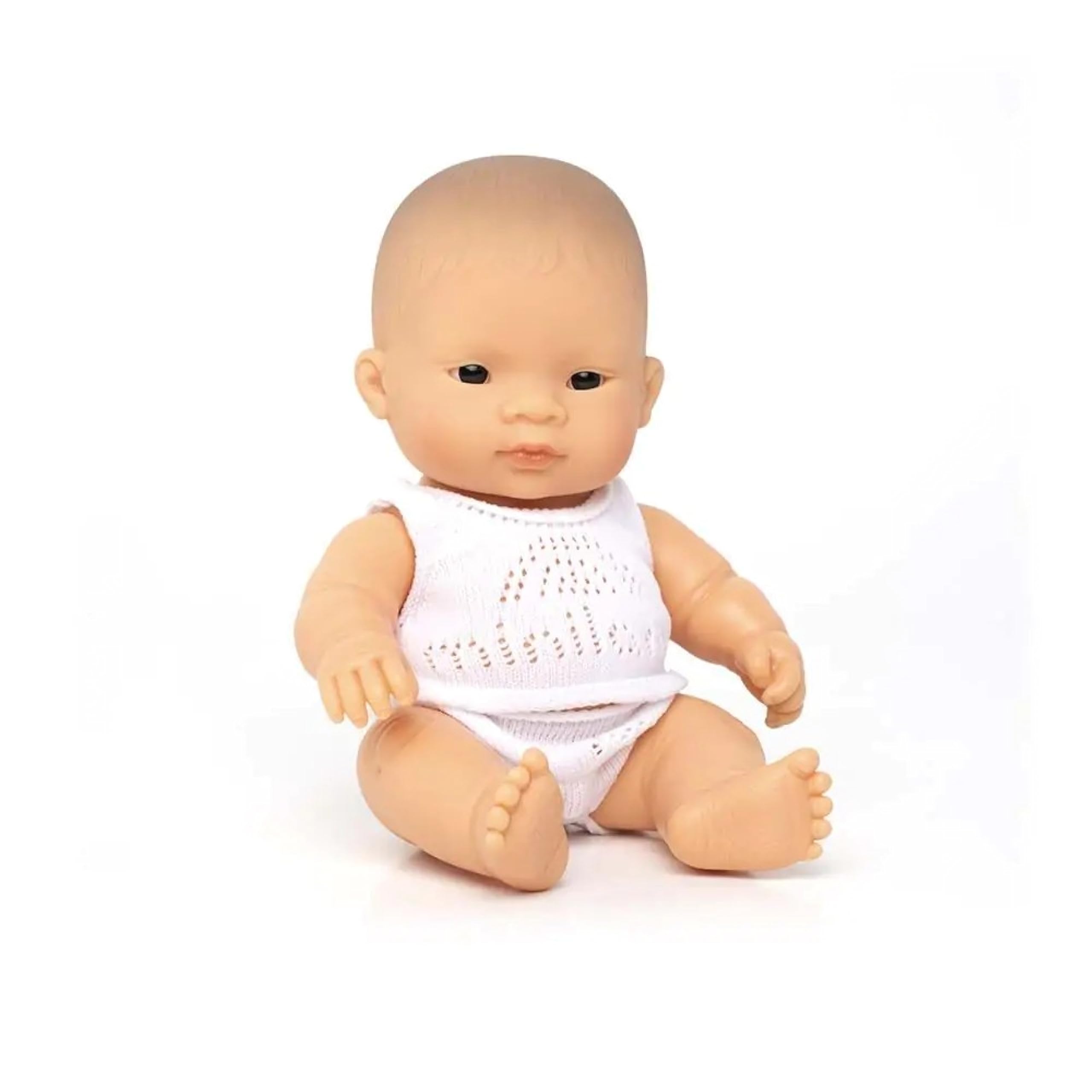 Miniland Asian boy doll without underwear in bag is soft vinyl, resilient and flexible, 21cm