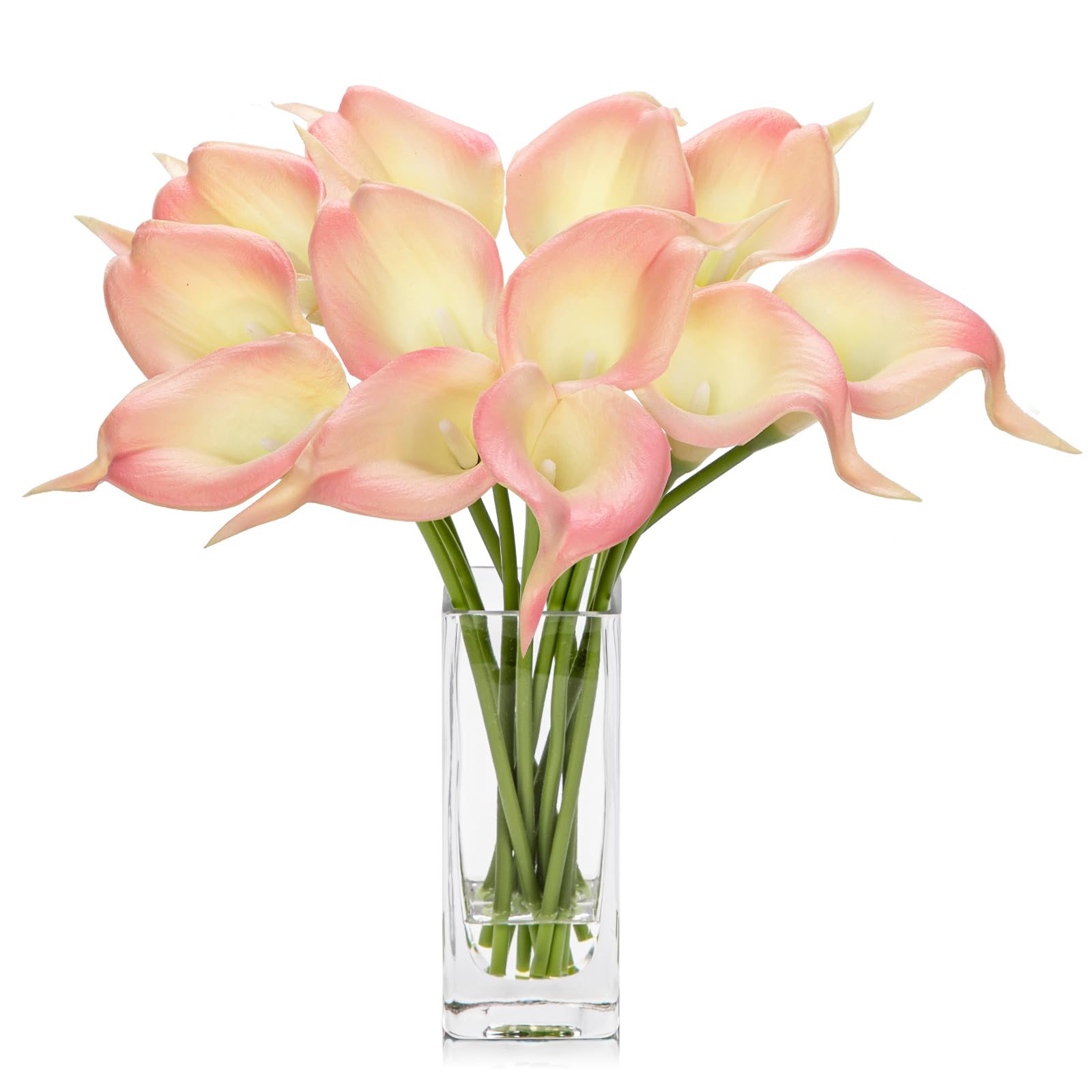 Hollyone 12 pcs Artificial Calla Lilies with Glass Vase Realistic Fake Flowers, Real Touch Pink Faux Flowers in Vase for Home, Living Room, Wedding, Centerpiece, Office, Party Decorations — image 1