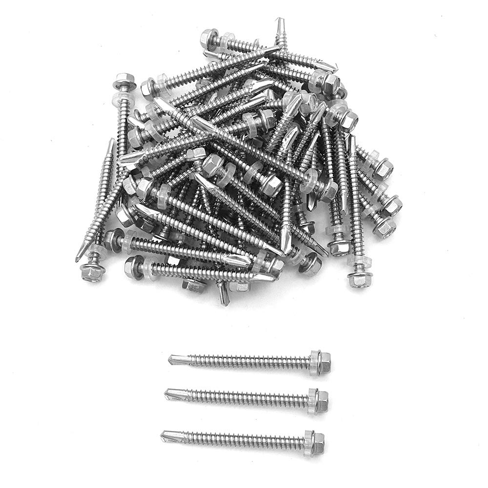 50 Pieces NUZAMAS 5.5 x 60mm Thread 304 Stainless Steel Self Drilling Tek Screw with Washer, for Wood, Metal Fastened
