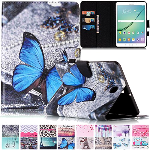 Galaxy Tab S2 8.0 Case,UUcovers Synthetic Leather Auto Wake/Sleep Stand Case [Card Holder] Flip Wallet Case Cover for Samsung Galaxy tab S2 8.0 T715/T715-Blue Butterfly