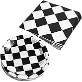 EaciTown Racing Car Party Decorations Paper Checkered Plates and Napkins Race Themed Plates Checkered Flag Napkins Disposable Black & White Checkeredd Tableware Set of 40
