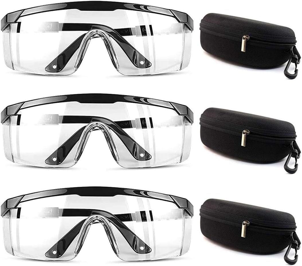 3PCS Clear Safety Glasses Personal Protective Equipment Anti-Fog Transparent Goggles UV Protection Adult Over Glasses Goggle, with Black Glasses Case (3Pcs Black)