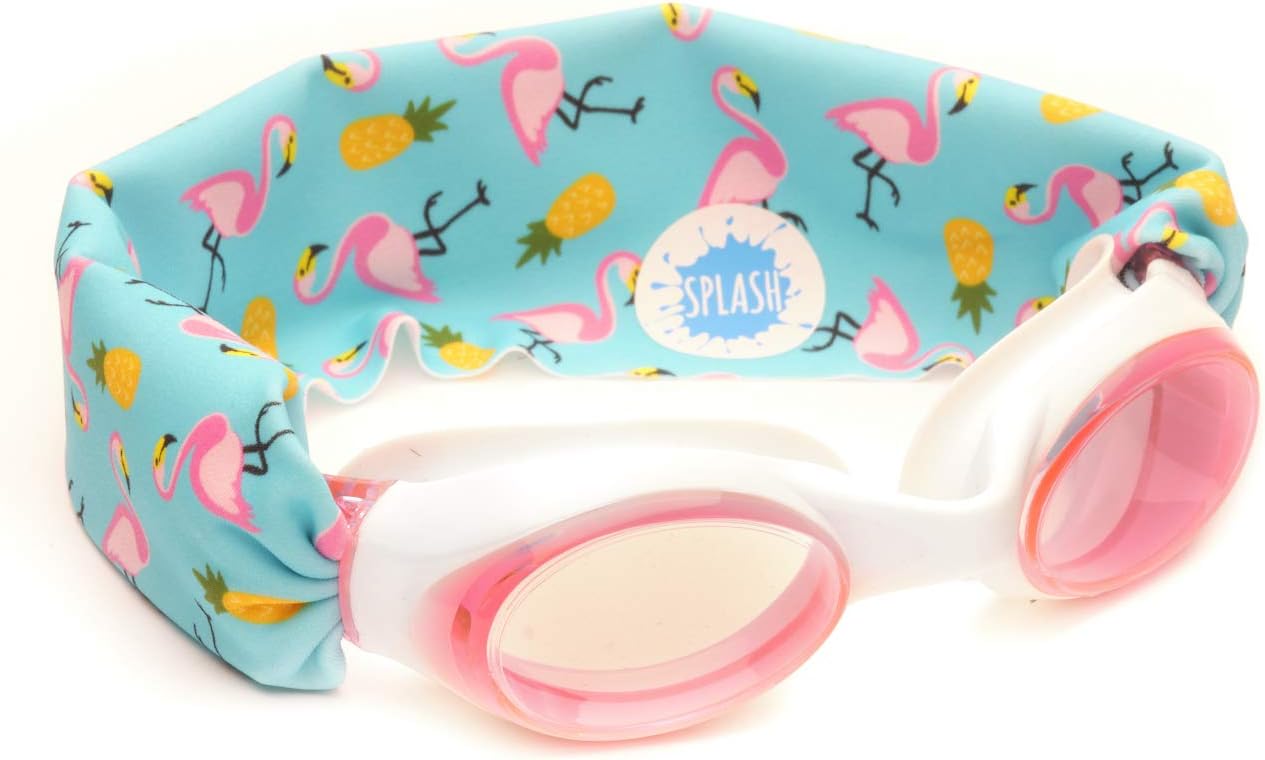 SPLASH SWIM GOGGLES - Flamingo Island - Fun, Fashionable, Comfortable - Fits Kids and Adults - Won't Pull Your Hair - Easy to Use - High Visibility Anti-Fog Lenses - ORIGINAL PATENT PENDING DESIGN