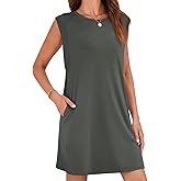 Wenrine Womens Summer Mini Dress Casual Loose Sleeveless Crewneck Slit Basic T Shirt Dresses with Pockets