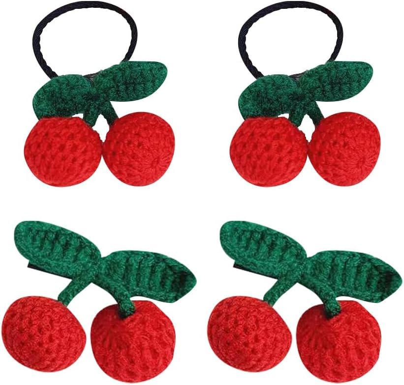 4 Pcs Red Sweet Cherry Hair Clips and Hair Ties Handmade Crochet Fruit Hairpins Hair Barrettes Cute Christmas Hair Accessories for Women Girls