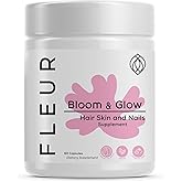 FLEUR Bloom & Glow Hair Skin and Nails Gummies, Hair Growth Supplement with Biotin & Inositol, Antioxidant Rich Vitamin A, C & E for Skin and Nail Repair, Sugar-Free, 60 Vegan Gummies