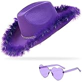 YBHOMINE Cowboy Hat with Heart Sunglasses - Cowgirl Hat with Feather Boa Brim for Women&Men,Bachelorette Party Halloween