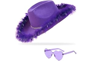 YBHOMINE Cowboy Hat with Heart Sunglasses - Cowgirl Hat with Feather Boa Brim for Women&Men,Bachelorette Party Halloween