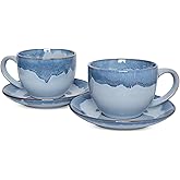 Bosmarlin Ceramic Cappuccino Cup and Saucer Set of 2, 10 Oz, Coffee Cups for Latte, Espresso, Tea, Dishwasher and Microwave Safe, Reavtive Glaze (Blue)