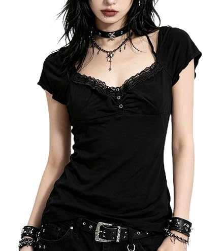 Grunge Emo Goth Shirt Y2k Lace Bow Coquette Babydoll Tops Women