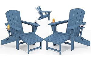 KINGYES Folding Adjustable Adirondack Chairs with Ottoman & 2 Cup Holders Set of 2, HDPE Adirondack Recliner Chair with Footrest, Blue
