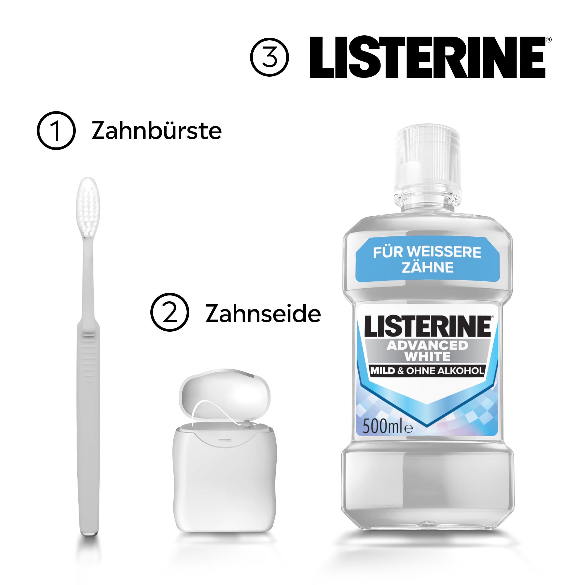 Listerine Advanced White Milder Geschmack 6x500 ml, Mundspülung zur Entfernung hartnäckiger 6
