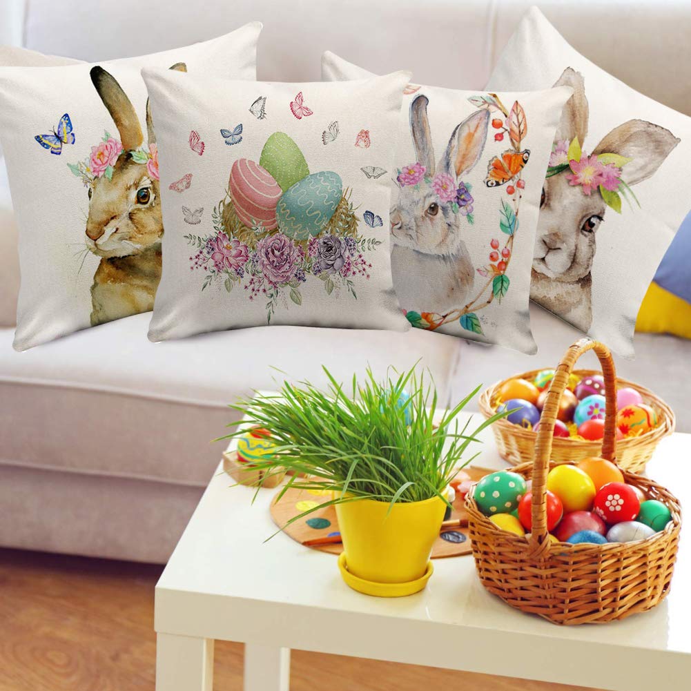 Johouse Easter Pillowcase, 4 Linen Easter Bunny Upholstered Sofa Pillowcases, 18 x 18 inch