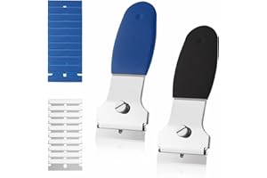 Rechabite 2 Pack Razor Blade Scraper, Multi-Purpose Cleaning Remover Tool, with 10 Metal & 10 Plastic Blades, for Glass Caulk, Adhesive, Wall, Stovetop, Paint, Window, Sticker, Tile, Label Decals