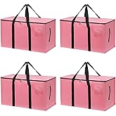 4 Pack Large Moving Bags with Zippers & Carrying Handles, Heavy Duty Storage Tote Moving Boxes ,Space Saving (Pink, 4 Pack)