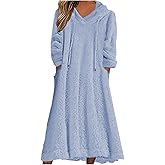 Women Fuzzy Fleece Hoodie Night Dress Casual Long Sleeve Hooded House Coat Sleepwear Flannel Nightgowns with Pockets
