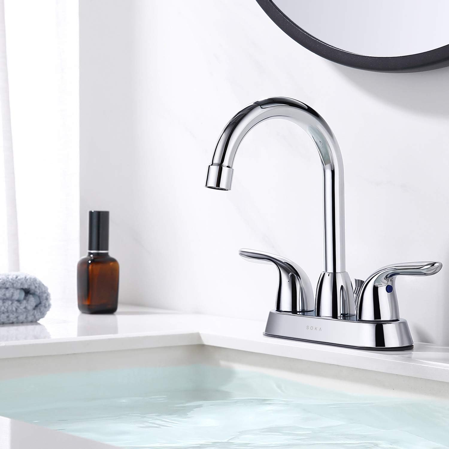 SOKA Two Handles Centerset Bathroom Faucet For Sink High Arc Stainless Steel With Deck Plate & Pop-Up Drain Assembly Fit 3 Hole Installation, Chrome (SK18001C) - - 