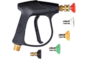 JWGJW High Pressure Washer Gun Short Handle 1/4 Inch Quick Connector 5 Nozzle Tips,Power Washer Gun 3000 PSI Max Compatible with Foam Cannon (JW-122)