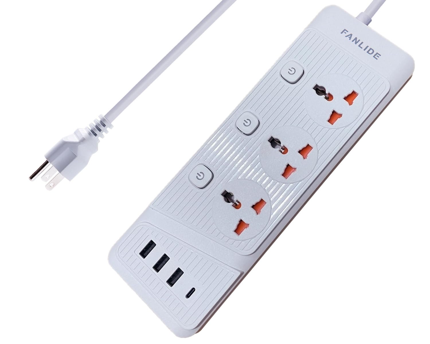 Photo 1 of FANLIDE Universal Power Strip with USB C, 3 Outlets 3 USB and 1 USB C Ports, 6.5ft Power Cord, 2500W Circuit Breaker