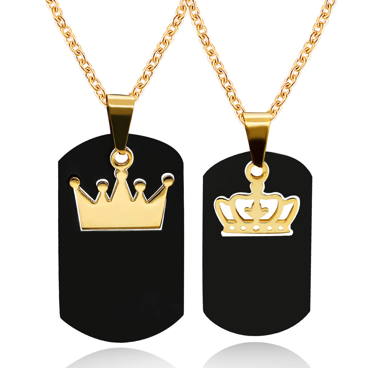 Uloveido His and Hers Black Titanium Dog Tag Pendant Necklaces Set with Gold Plated Queen and King Crown Necklaces Set for Couples Men Women Gift SN161