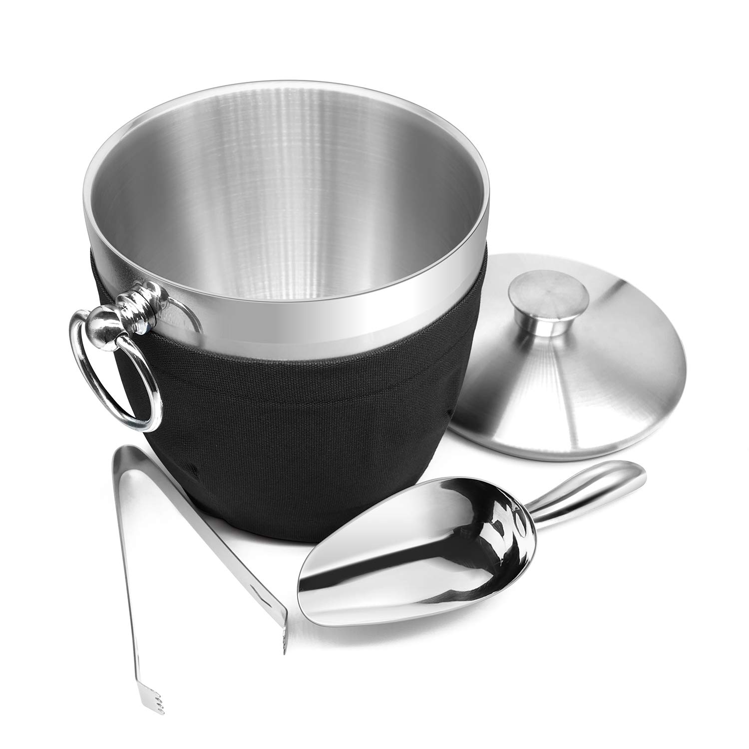 Fortune Candy Insulated Ice Bucket - Double Walled Stainless Steel Ice Bucket with Ice Tongs, Scoop, Lid, and Exclusive Handmade Nylon Holder - 2.8 L (Silver/Black)