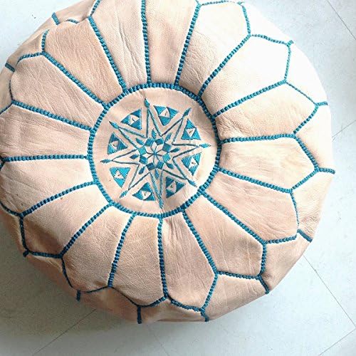 Amazon Co Jp モロッコ 本革プフ ナチュラルｘターコイズ ホーム キッチン