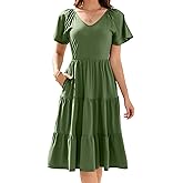 LEADINK Women Summer Dress 2025 Short Sleeve V Neck Midi Dresses Breathable Cotton Casual Boho Beach Vacation Sundress