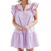 HOULENGS Women's Summer Ruffle Cap Sleeve Babydoll Mini Dress Casual V-Neck Flowy A-Line Short Dress Sundress with Pockets