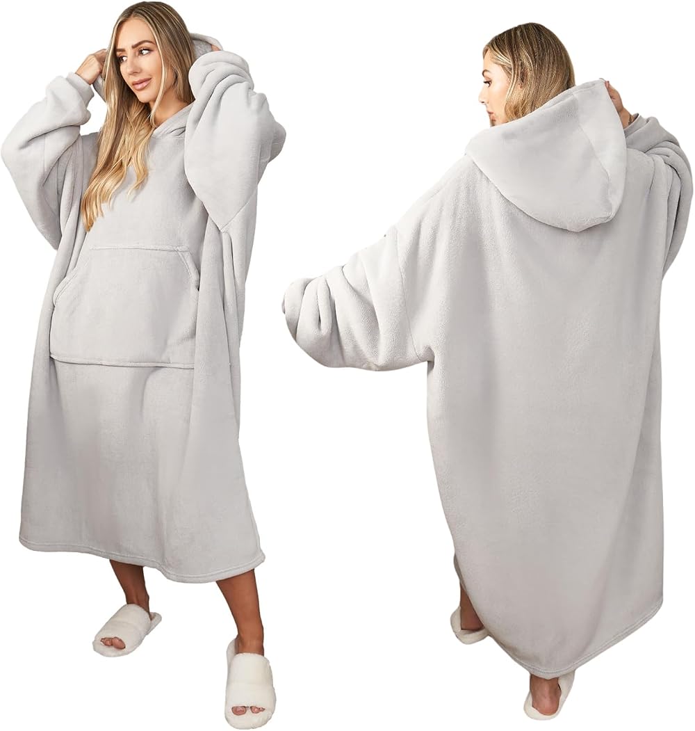 Sienna Extra Long Hoodie Blanket Silver Grey with Sherpa Lining