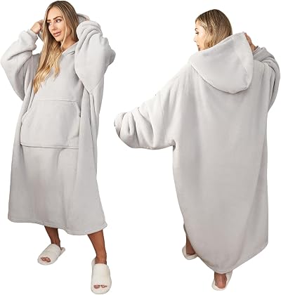 Sienna Extra Long Hoodie Blanket Silver Grey with Sherpa Lining