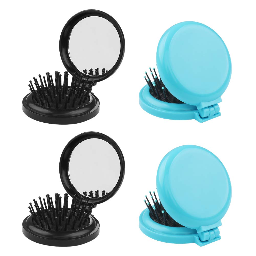 Dadabig 4 PCS Mini Round Folding Comb, Folding Travel Mirror Hair Brush with Mirror Pocket Comb Folding Mirror for Travel Women and Girls, Black and Blue