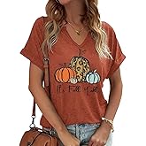 Thanksgiving V Neck TShirt for Women Casual Fun Cute Pumpkin Autumn Shirts Thanksgiving Gift Tops Fall Pumpkin Tee Tops