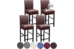 HFCNMY Bar Stool Covers,4 Pack Stretch Waterproof PU Bar Stool Covers with Backs Bar Stool Chair Covers Barstool Covers Slipcovers with Back Pub Counter Stool Chair Covers Coffee
