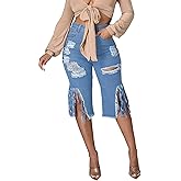 DvaeMalligo Womens Ripped Jean Shorts High Waisted Stretchy Frayed Distressed Raw Hem Tassels Denim Bermuda Shorts
