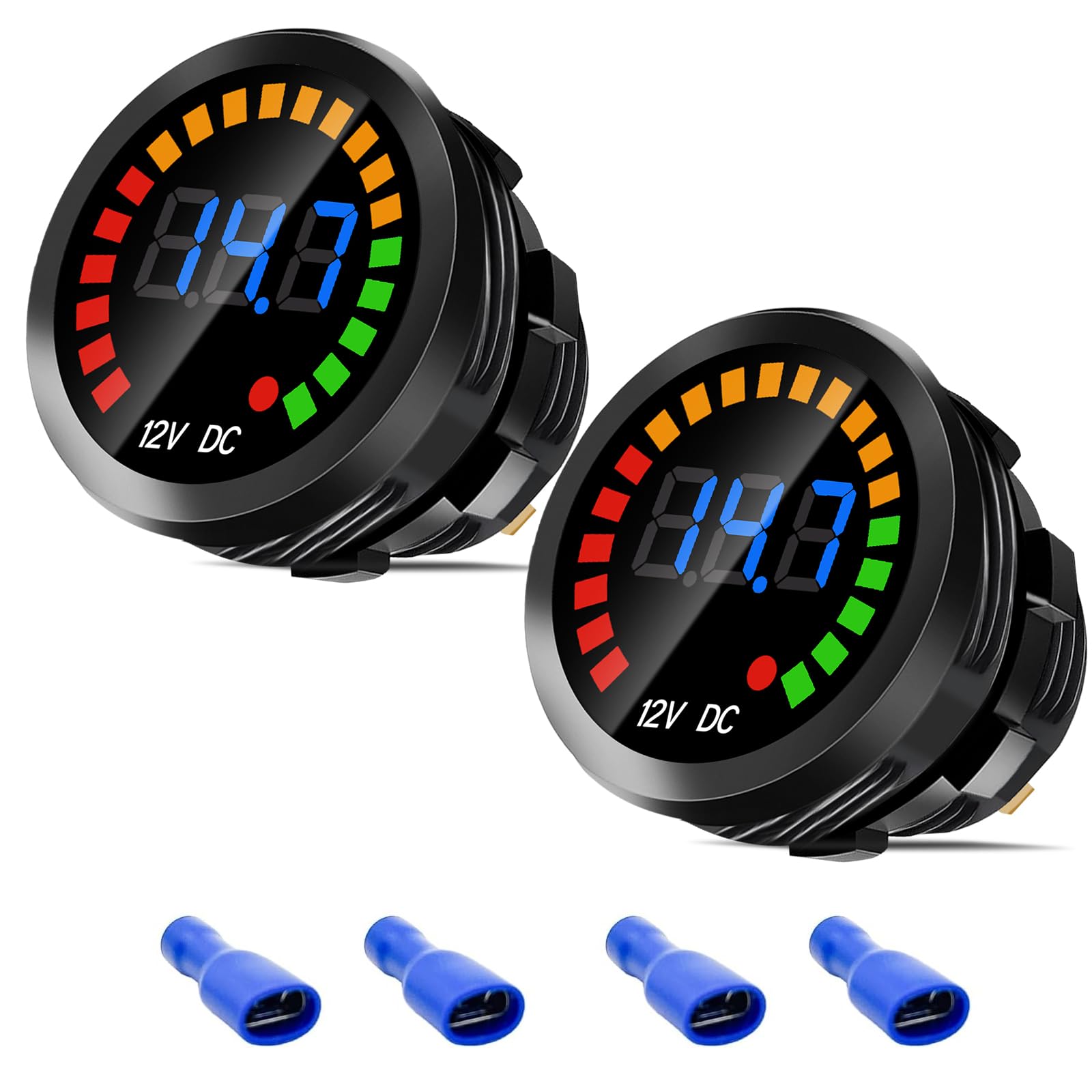 Photo 1 of 2PCS DC 12V Voltage Meter, Waterproof LED Voltmeter Gauge Panel, Round Battery Monitor with Mounting Plate & Wires & Terminals, for Marine Car Vehicle Motorcycle Truck Boat RV ATV UTV, Long Body