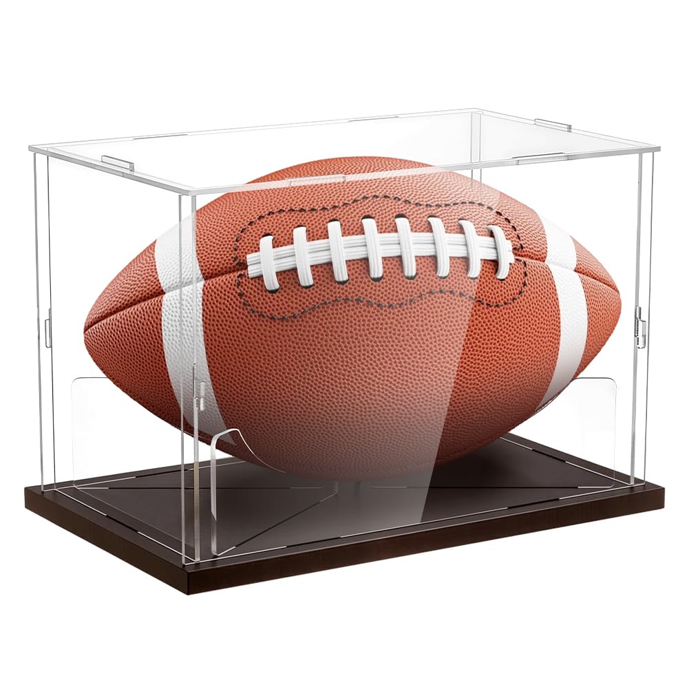 Photo 1 of GLASSWINDS Football Display Case with Solid Wood Base, Clear Acrylic Football Stand Display Box UV Protected Softball Holder, Hat Displays Case for Collection Ball Fans Memorabilia Gift