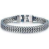 COOLSTEELANDBEYOND Men’s Blue and Silver Stainless Steel Bracelet Braided Chevron Chain Franco Curb Chain Stylish Gift
