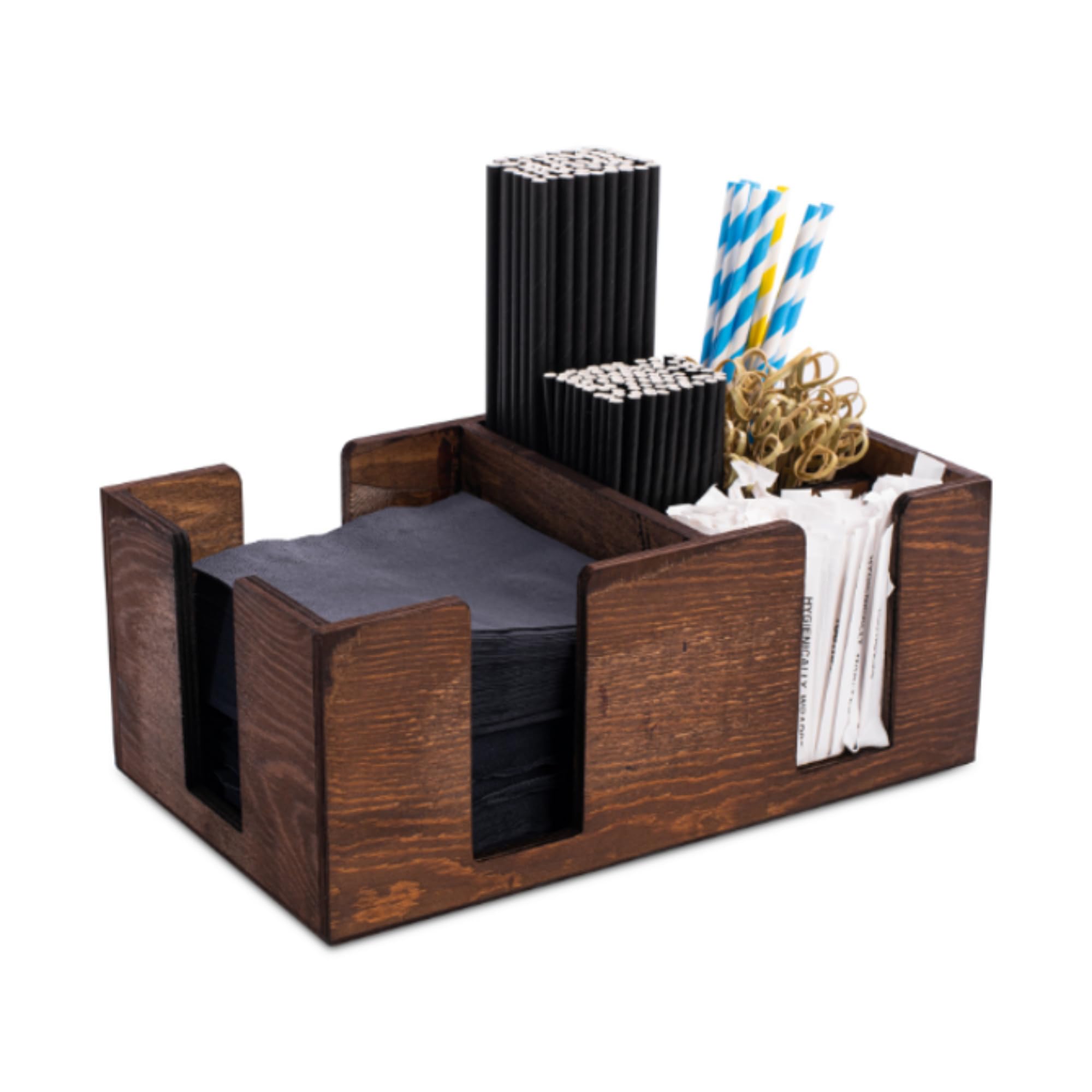 Drinkstuff Wooden Bar Caddy Napkin Holder – Premium Home Bar & Coffee Station Organizer, Cocktail Straw Holder & Condiment Caddy, Stylish Bar Accessories for Bars & Entertaining