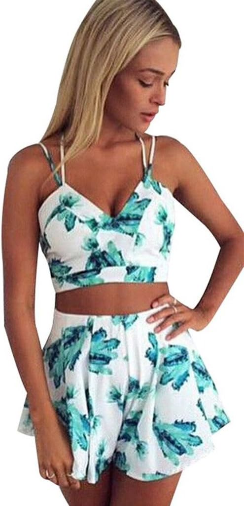 Honeykoko Women's Crop Top + Shorts Culottes Beach Bikini Dresses Sky Blue