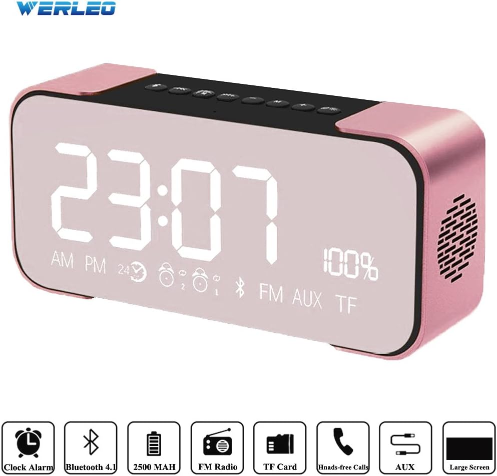 Bluetooth Speakers,Werleo Hi-Fi Portable Wireless Stereo Speaker with Alarm Clock,Build-in Mic,FM Radio,LED Light,Hands-free,Two Subwoofer Enhanced Bass Surround Sound for iPhone Samsung Mac Computer