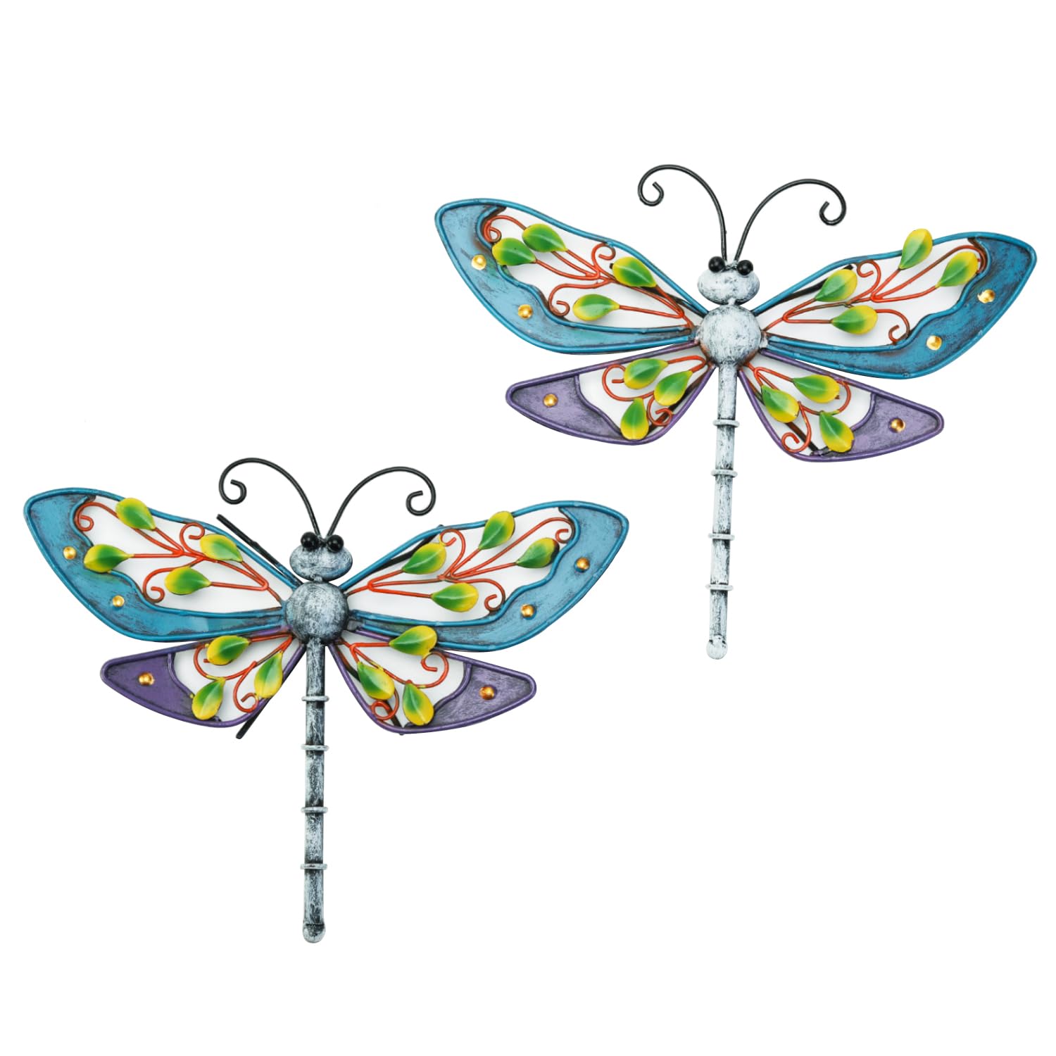 Sungmor 2 PACK Multicolored Dragonfly Wall Hanging Art Decor - 29×23CM Constructed Metal Graceful Dragonfly - Wall Hanging Art Figurines for Garden Patio Yard Home Ornaments
