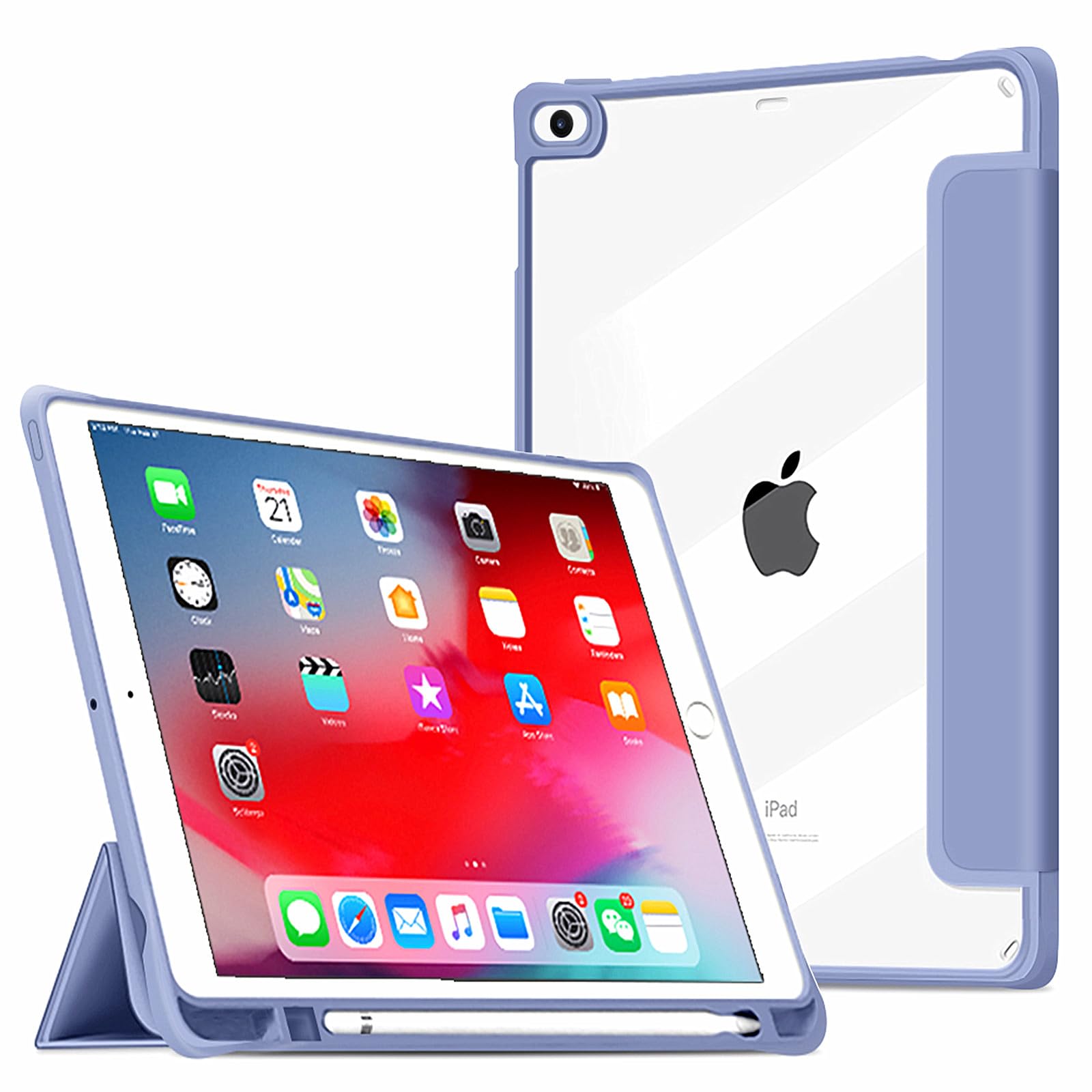 VAGHGEO Case for iPad 9.7 2018/2017, iPad 6/5th Generation 9.7 Inch, iPad Air 2, iPad Air 1 Tri-fold Smart Cases with Pencil Holder [Auto Sleep/Wake] + Clear Transparent Back Cover Shell, Grey Purple