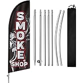 QSUM Smoke Shop Flag for Business, Smoke Shop Signs, 8FT Polyester Advertising Swooper Flag with Aluminium Alloy Flag Pole Kit, Stainless Steel, Ground Spike, Portable Bag